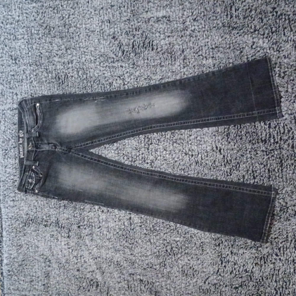 PLASTIC BY GLY Jeans "9" Gray Distressed Stretch Bootcut Jeans, Pre-Owned